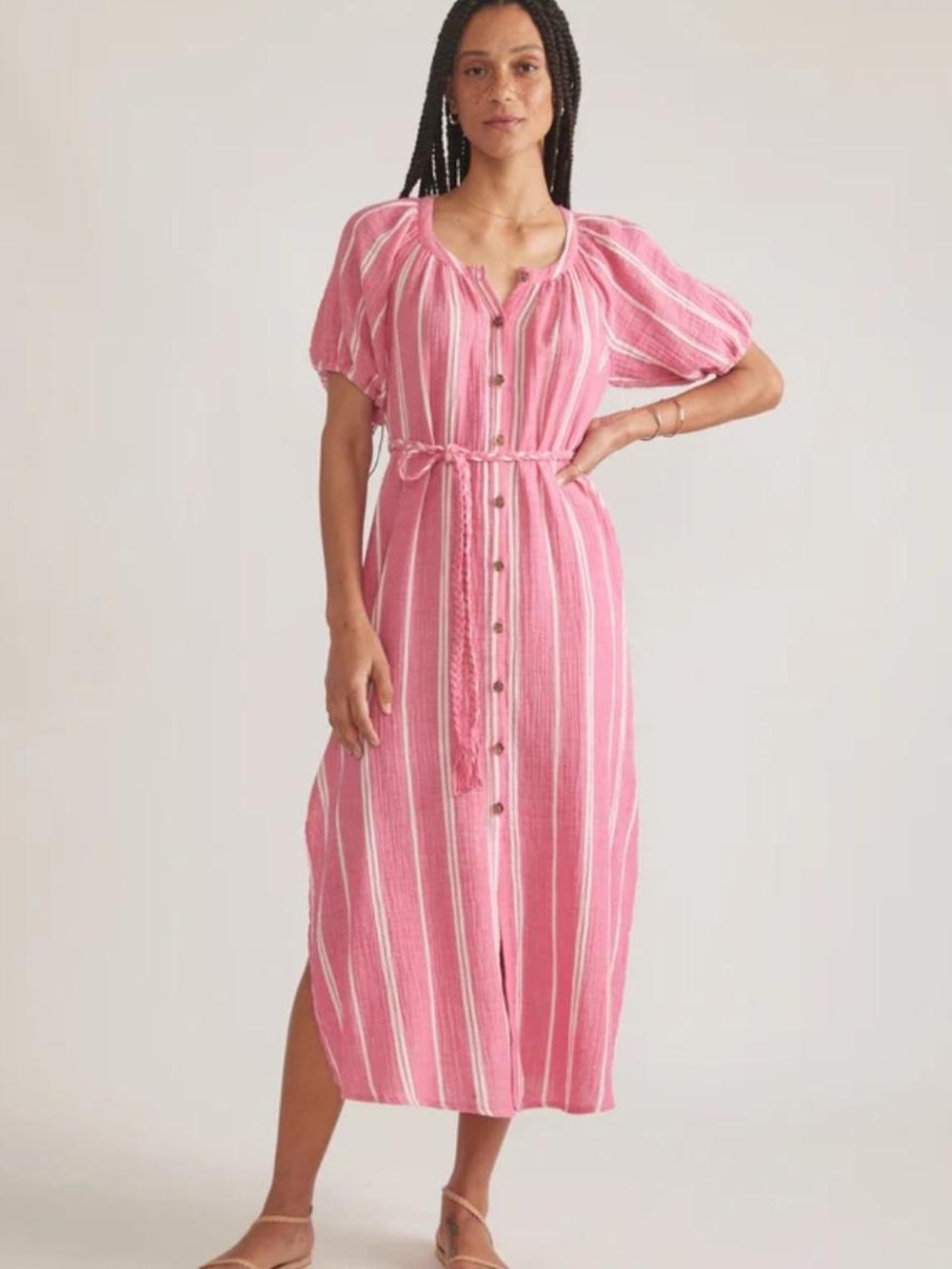 Marine Layer Pink and White Striped Double Cloth Gauze Midi Shirt Dress Size SM